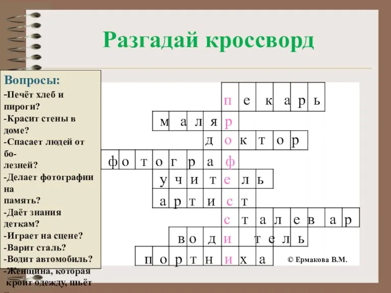 Разгадай кроссворд п е к а р ь м а