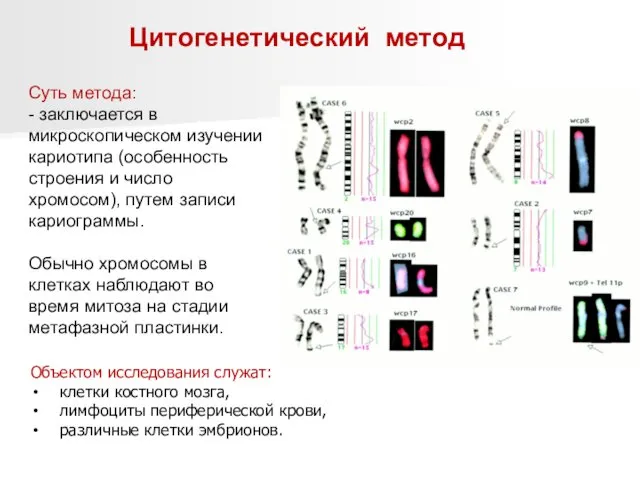 Суть метода: - заключается в микроскопическом изучении кариотипа (особенность строения