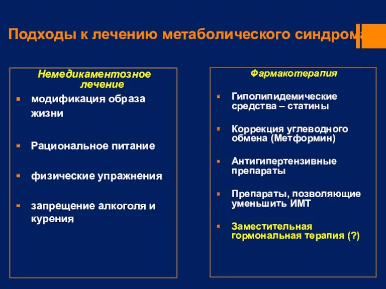 Подходы к лечению метаболического синдрома Немедикаментозное лечение модификация образа жизни