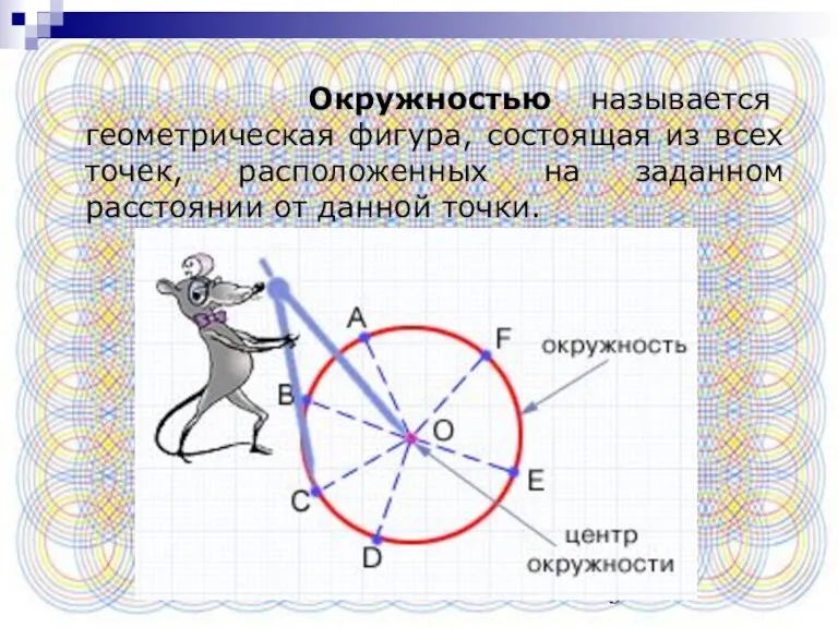 Окружностью называется геометрическая фигура, состоящая из всех точек, расположенных на заданном расстоянии от данной точки.