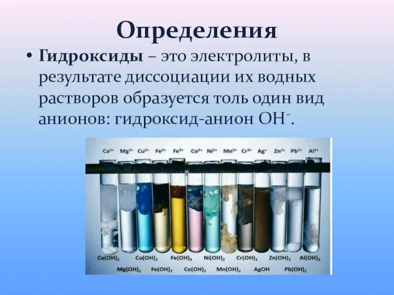 Определения Гидроксиды – это электролиты, в результате диссоциации их водных