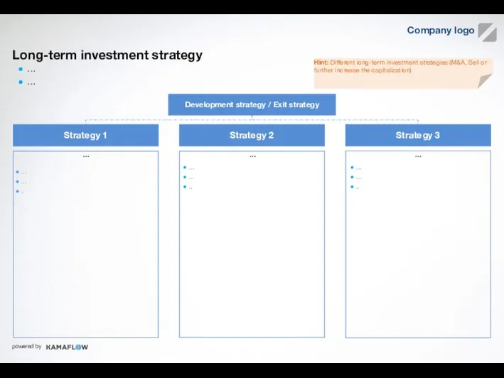 Long-term investment strategy Примеры КПЭ … … Development strategy / Exit strategy …