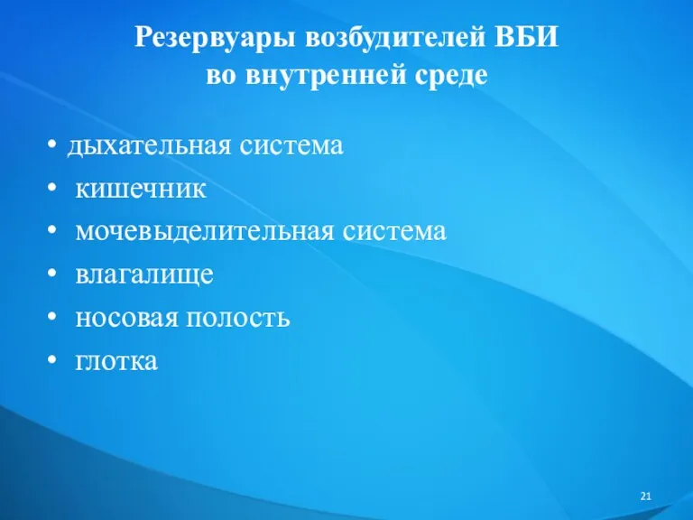 Резервуары возбудителей ВБИ во внутренней среде дыхательная система кишечник мочевыделительная система влагалище носовая полость глотка