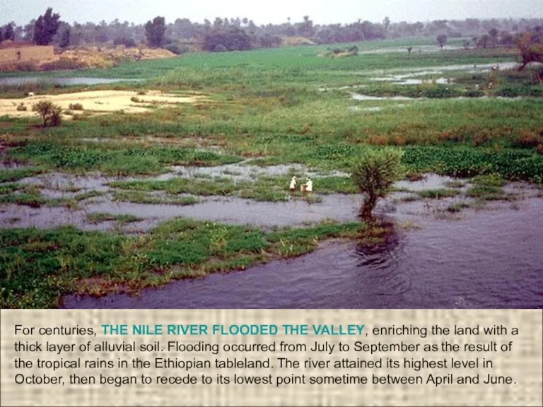 For centuries, THE NILE RIVER FLOODED THE VALLEY, enriching the