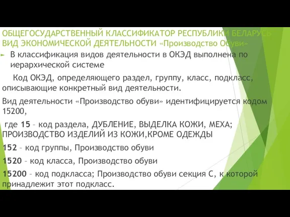 ОБЩЕГОСУДАРСТВЕННЫЙ КЛАССИФИКАТОР РЕСПУБЛИКИ БЕЛАРУСЬ ВИД ЭКОНОМИЧЕСКОЙ ДЕЯТЕЛЬНОСТИ «Производство Обуви» В