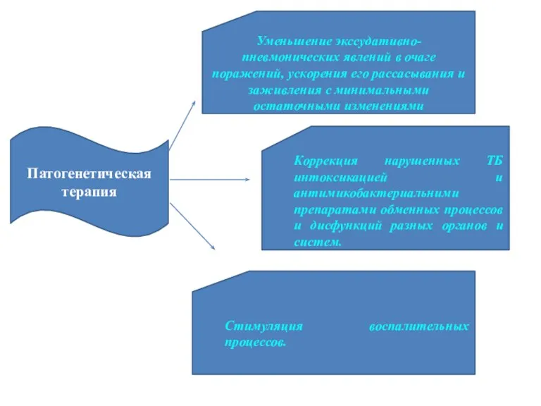 Патогенетическая терапия Уменьшение экссудативно-пневмонических явлений в очаге поражений, ускорения его