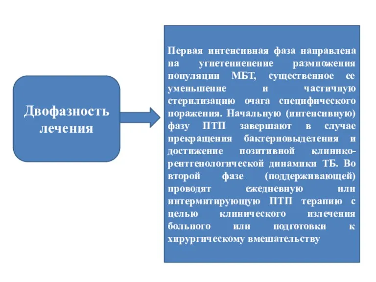 Двофазность лечения Первая интенсивная фаза направлена на угнетениенение размножения популяции