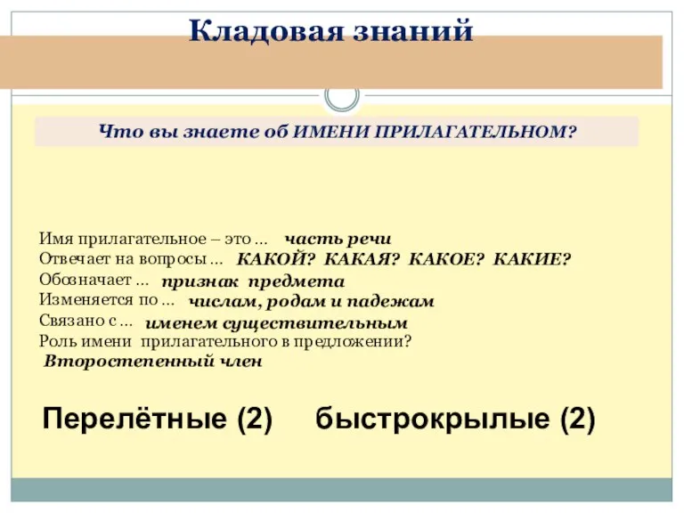 Кладовая знаний Что вы знаете об ИМЕНИ ПРИЛАГАТЕЛЬНОМ? Имя прилагательное