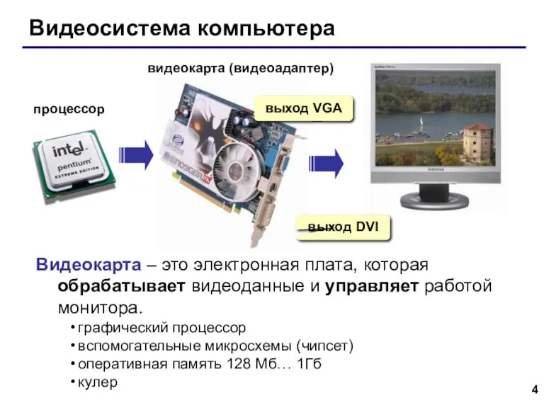 Видеосистема компьютера процессор видеокарта (видеоадаптер) выход DVI выход VGA Видеокарта