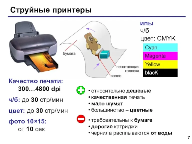 Качество печати: 300…4800 dpi ч/б: до 30 стр/мин цвет: до