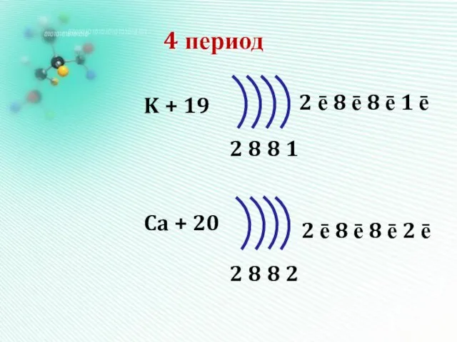 4 период K + 19 Ca + 20 2 8