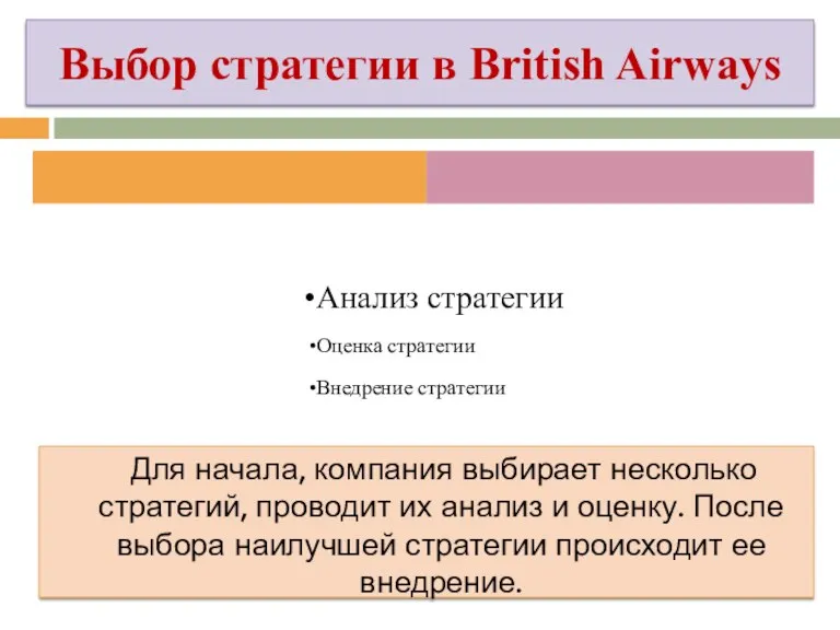 Выбор стратегии в British Airways Анализ стратегии Оценка стратегии Внедрение