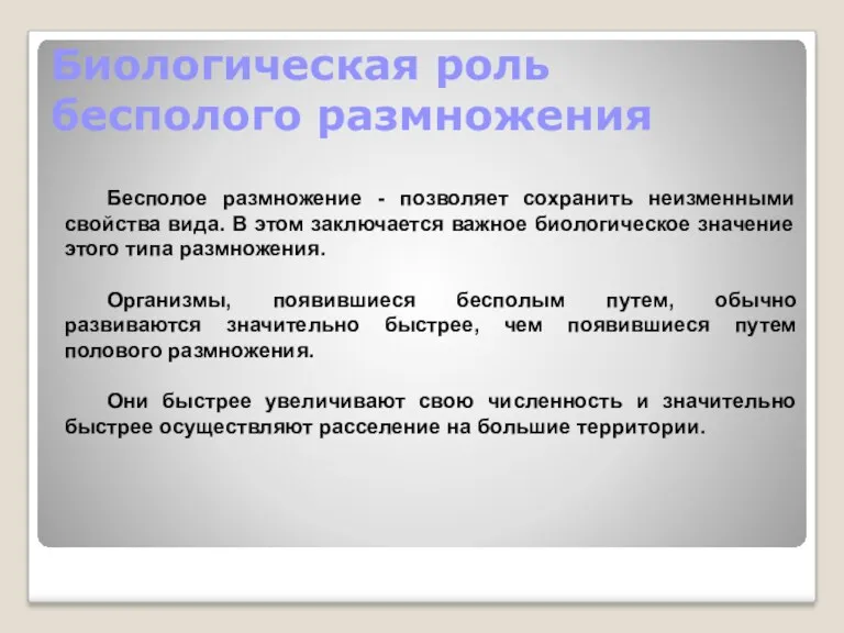 Биологическая роль бесполого размножения Бесполое размножение - позволяет сохранить неизменными