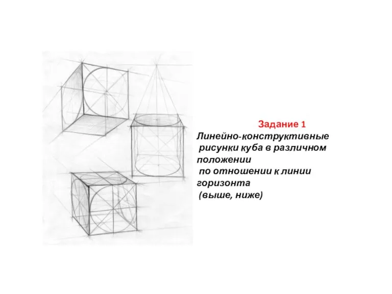 Задание 1 Линейно-конструктивные рисунки куба в различном положении по отношении к линии горизонта (выше, ниже)