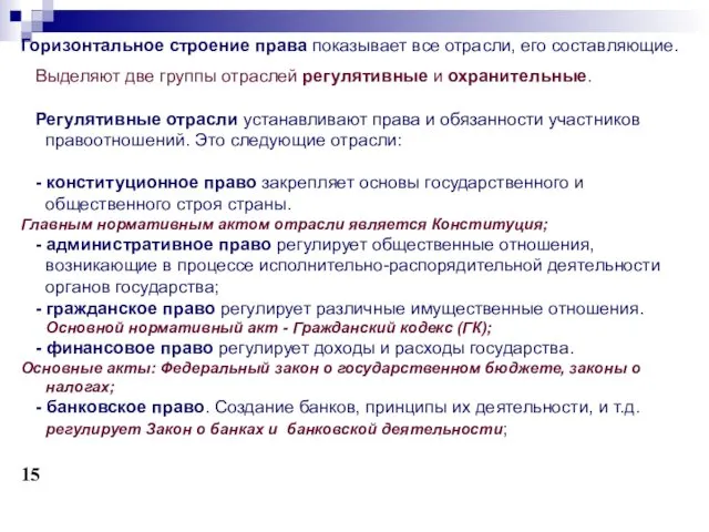 Горизонтальное строение права показывает все отрасли, его составляющие. Выделяют две