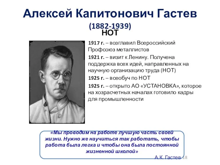 Алексей Капитонович Гастев (1882-1939) 1917 г. – возглавил Всероссийский Профсоюз