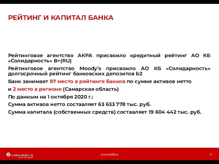 РЕЙТИНГ И КАПИТАЛ БАНКА www.solid.ru Рейтинговое агентство АКРА присвоило кредитный