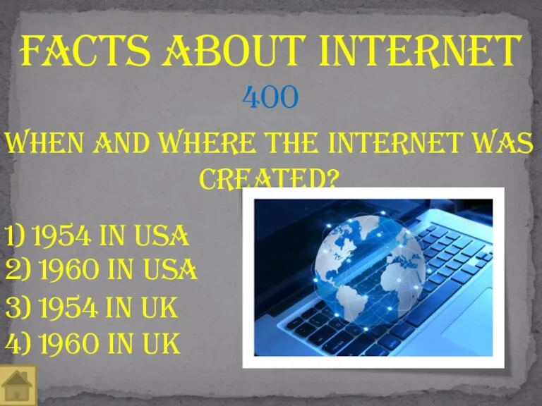 When and where the Internet was created? Facts About Internet 400 1) 1954