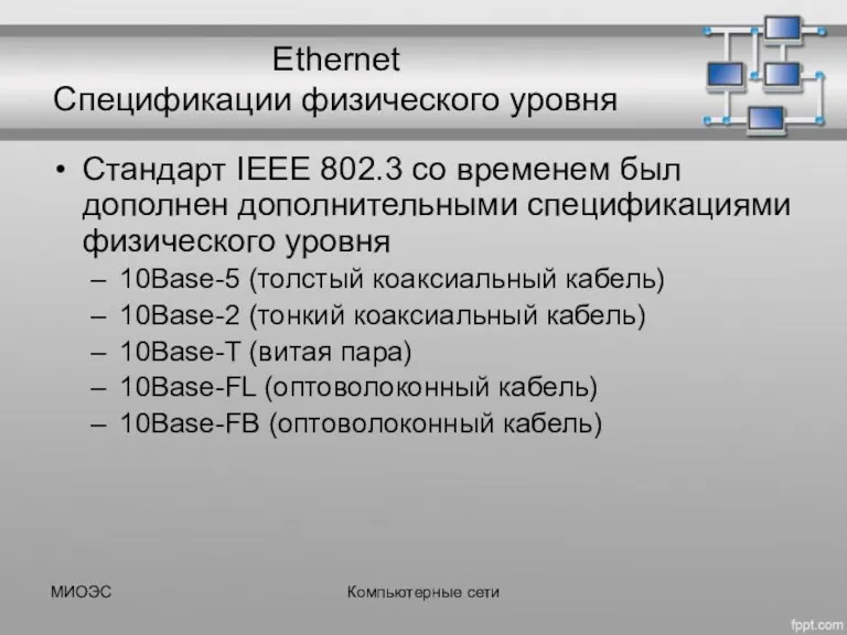 МИОЭС Компьютерные сети Ethernet Спецификации физического уровня Стандарт IEEE 802.3