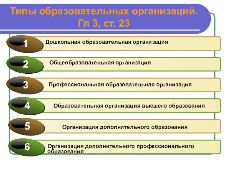 Типы образовательных организаций. Гл 3, ст. 23 Дошкольная образовательная организация Общеобразовательная организация Профессиональная