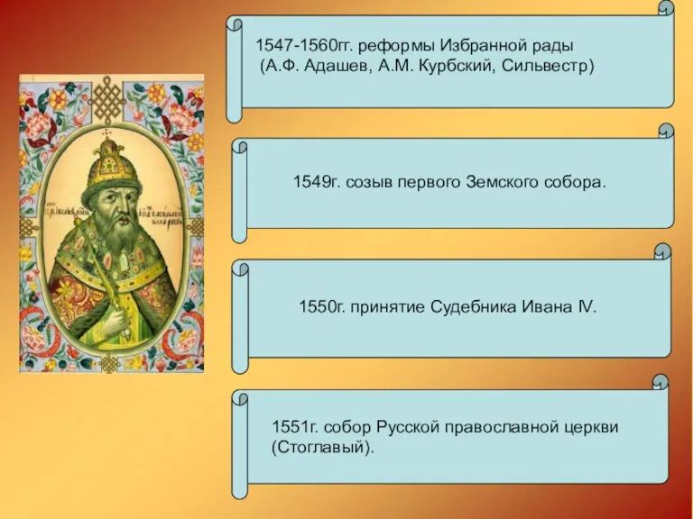 1547-1560гг. реформы Избранной рады (А.Ф. Адашев, А.М. Курбский, Сильвестр) 1549г. созыв первого Земского