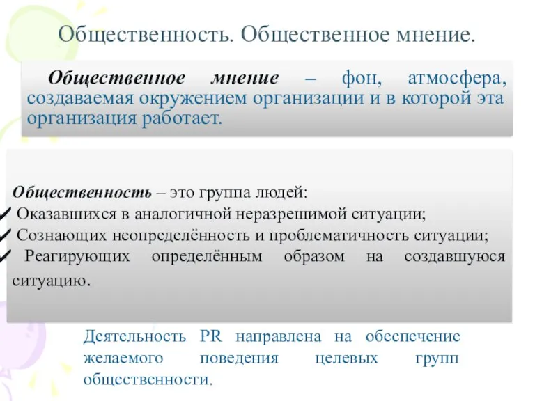 Общественность. Общественное мнение. Общественное мнение – фон, атмосфера, создаваемая окружением