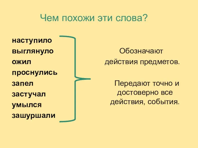 Чем похожи эти слова? наступило выглянуло ожил проснулись запел застучал умылся зашуршали Обозначают