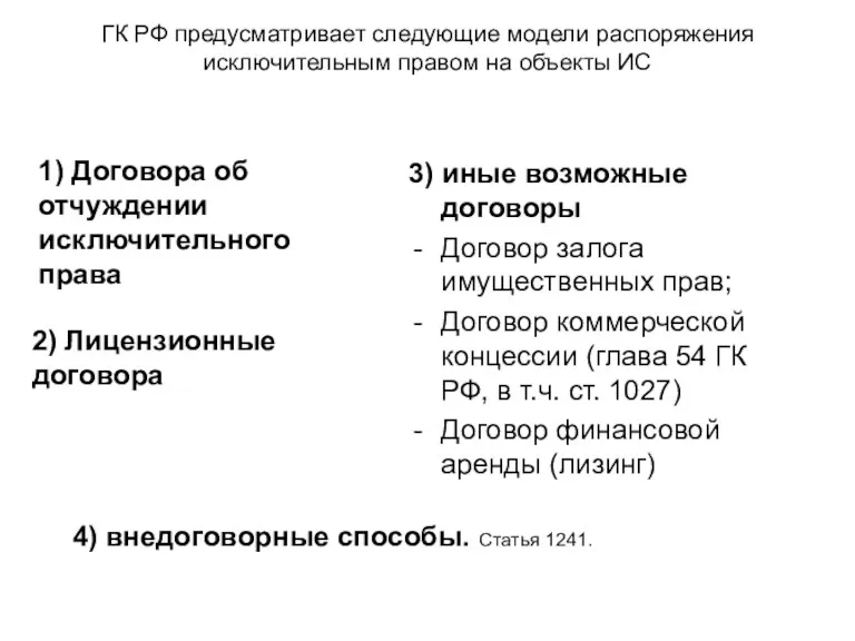 ГК РФ предусматривает следующие модели распоряжения исключительным правом на объекты