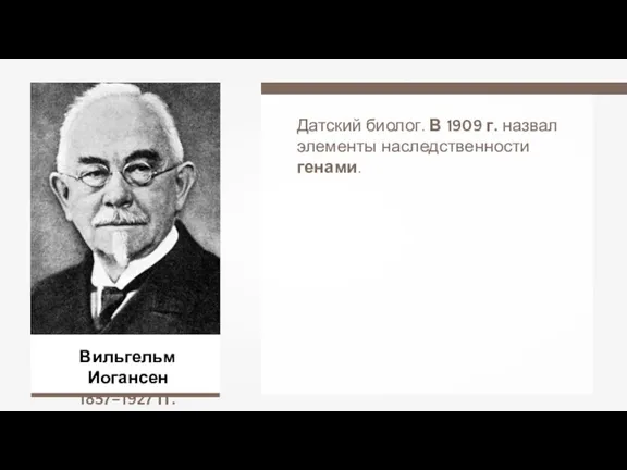 Вильгельм Иогансен 1857–1927 гг. Датский биолог. В 1909 г. назвал элементы наследственности генами.