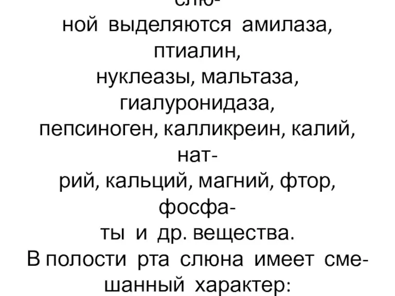 Лизоцим обеспечивает бактери- цидные свойства слюны. Со слю- ной выделяются