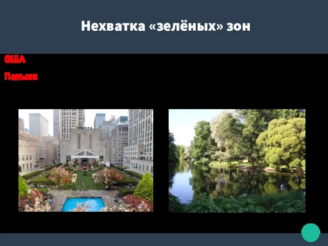Нехватка «зелёных» зон США Создание садов на крыше жилых и общественных зданий. Польша
