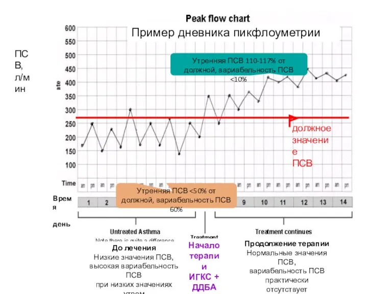 Пример дневника пикфлоуметрии До лечения Низкие значения ПСВ, высокая вариабельность ПСВ при низких