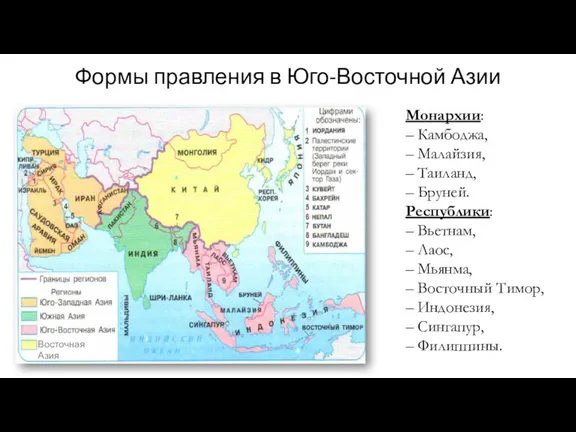 Формы правления в Юго-Восточной Азии Монархии: – Камбоджа, – Малайзия,