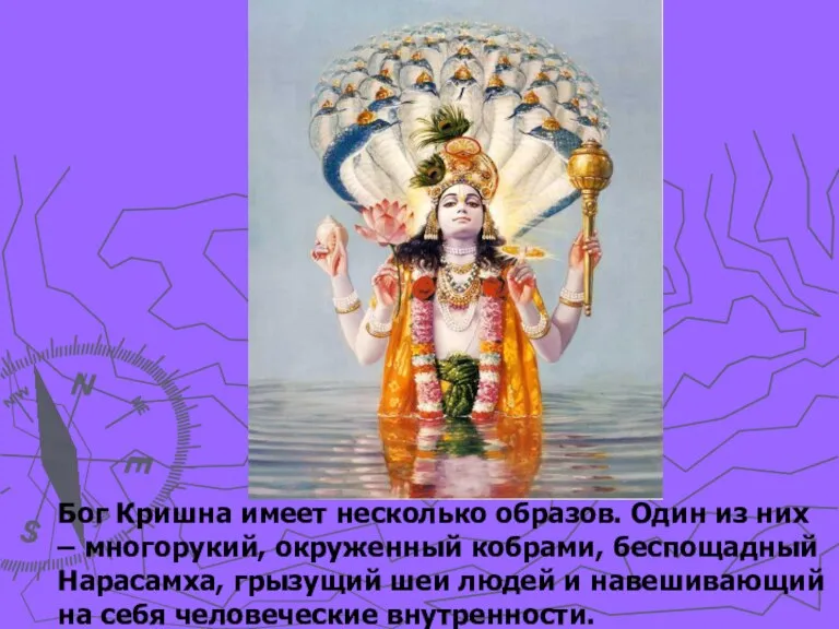 Бог Кришна имеет несколько образов. Один из них – многорукий, окруженный кобрами, беспощадный