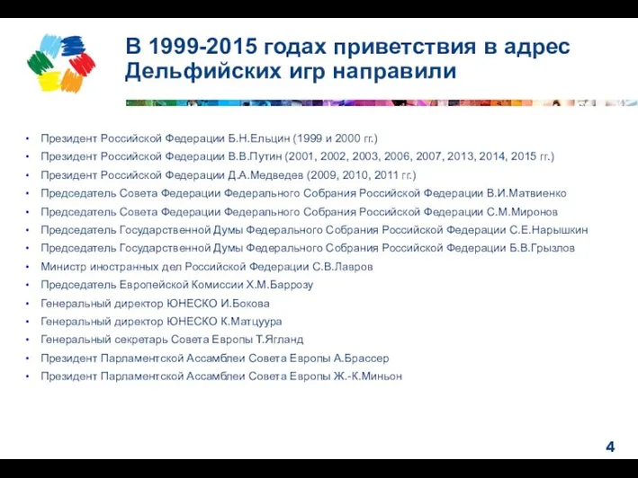 В 1999-2015 годах приветствия в адрес Дельфийских игр направили Президент
