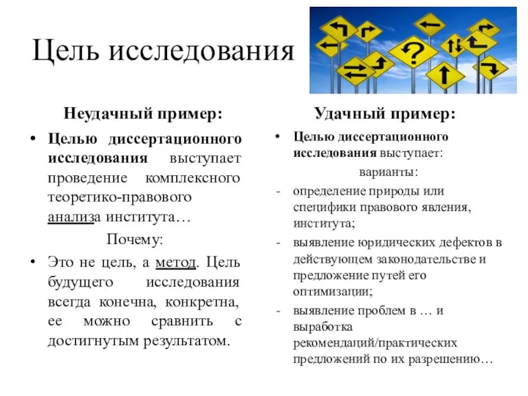 Цель исследования Неудачный пример: Целью диссертационного исследования выступает проведение комплексного