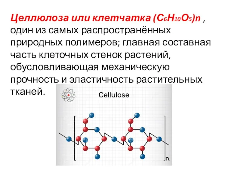 Целлюлоза или клетчатка (С6Н10О5)n , один из самых распространённых природных