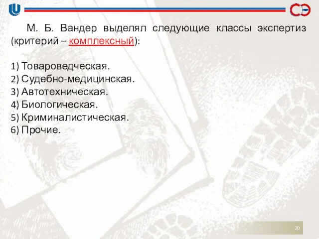 М. Б. Вандер выделял следующие классы экспертиз (критерий – комплексный):