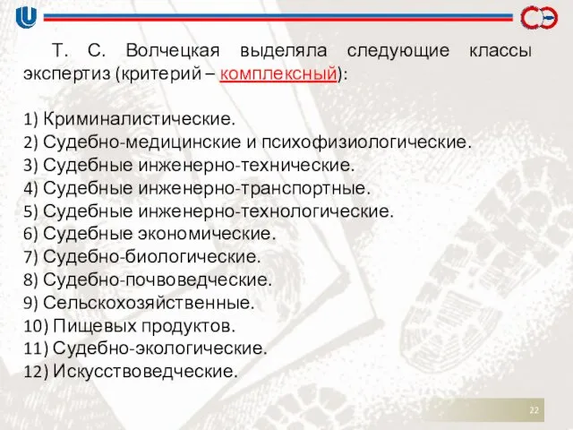 Т. С. Волчецкая выделяла следующие классы экспертиз (критерий – комплексный):