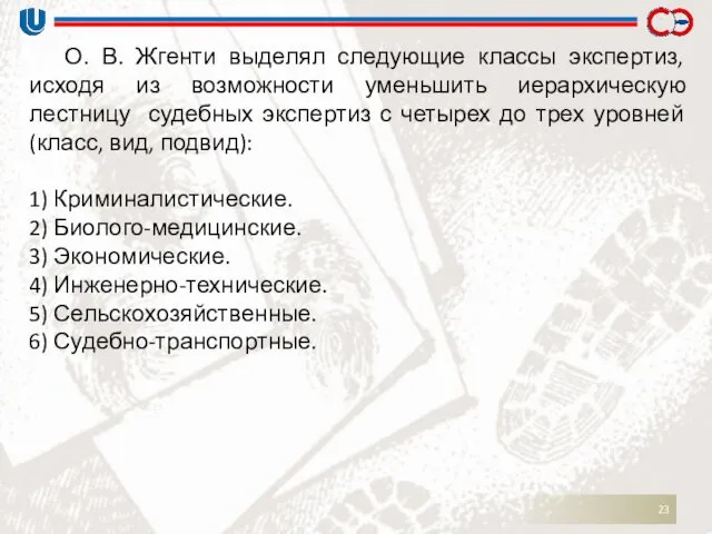 О. В. Жгенти выделял следующие классы экспертиз, исходя из возможности