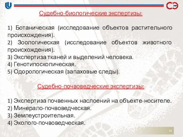 Судебно-биологические экспертизы: 1) Ботаническая (исследование объектов растительного происхождения). 2) Зоологическая