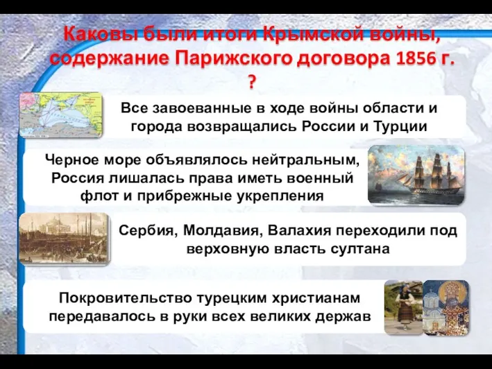 Каковы были итоги Крымской войны, содержание Парижского договора 1856 г. ?