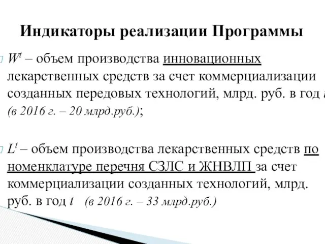 Wt – объем производства инновационных лекарственных средств за счет коммерциализации