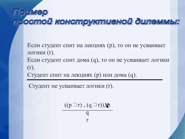 Пример простой конструктивной дилеммы: Если студент спит на лекциях (р),