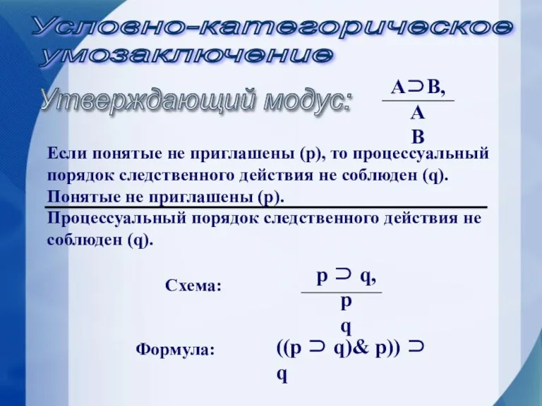 Условно-категорическое умозаключение Утверждающий модус: Схема: Формула: ((p ⊃ q)& p)) ⊃ q