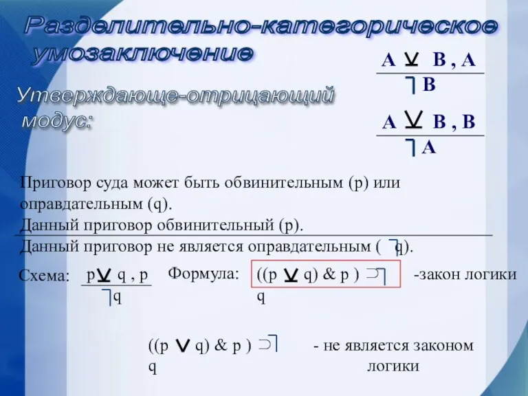 Разделительно-категорическое умозаключение Утверждающе-отрицающий модус: А В , А В Приговор