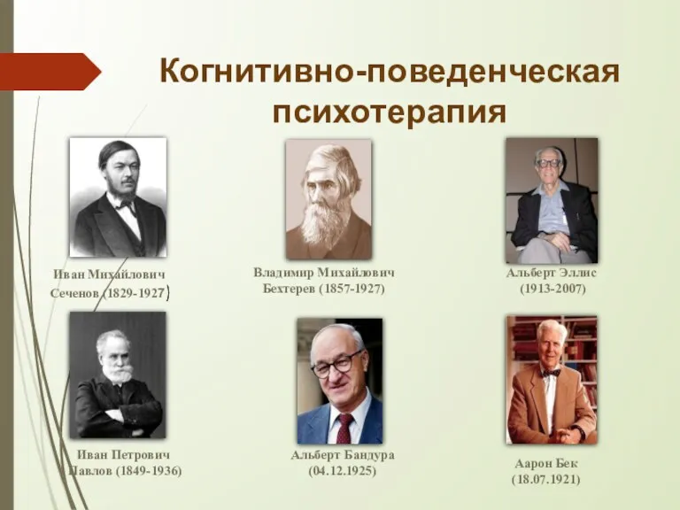 Когнитивно-поведенческая психотерапия Иван Петрович Павлов (1849-1936) Владимир Михайлович Бехтерев (1857-1927)