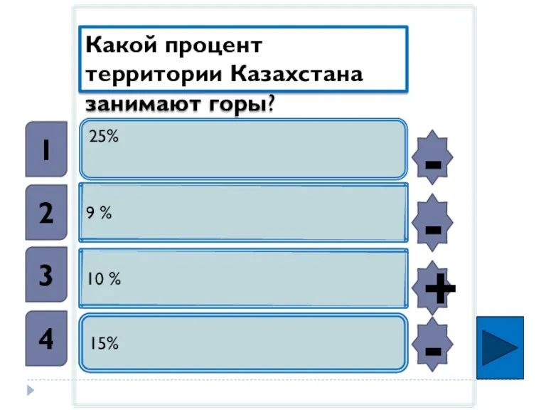 25% 9 % 10 % 15% Какой процент территории Казахстана