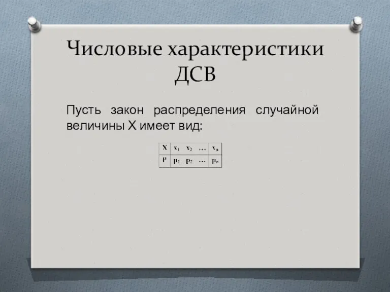 Числовые характеристики ДСВ Пусть закон распределения случайной величины Х имеет вид: