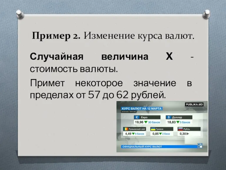 Пример 2. Изменение курса валют. Случайная величина X - стоимость